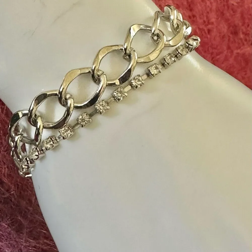 Silver tone rhinestone double strand bracelet